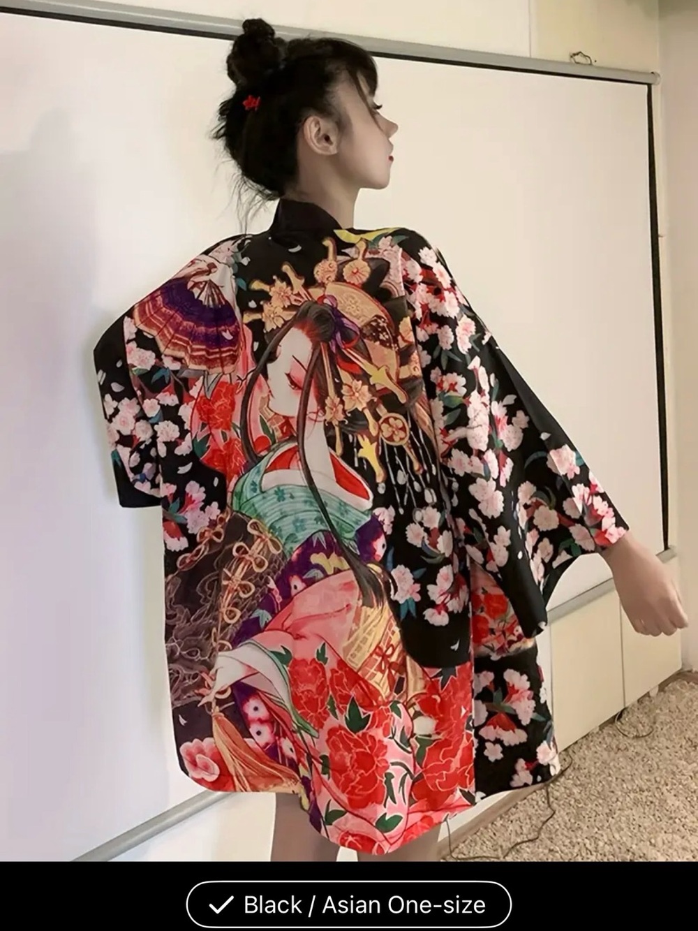 Floral Geisha Print Kimono Jacket - Black & Red